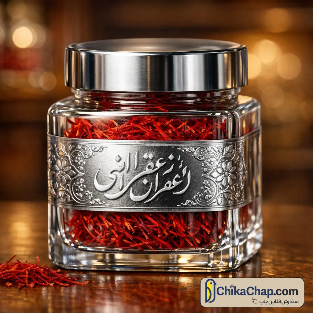 سفارش چاپ لیبل متالایز نقره ای چسبدار برای بسته بندی زعفران صادراتی چیکاچاپ